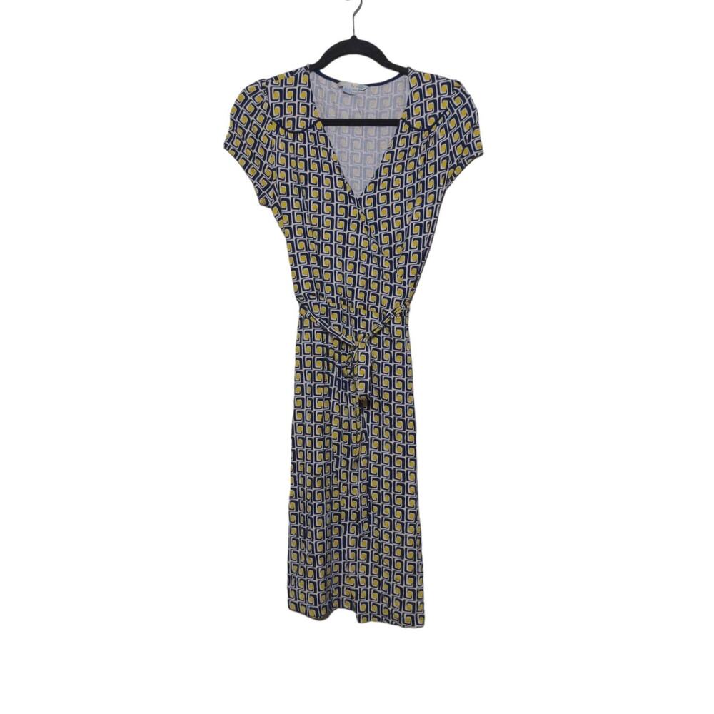Boden Evangeline Jersey Summer Wrap Dress Yellow Navy Geometric V Neck 6R